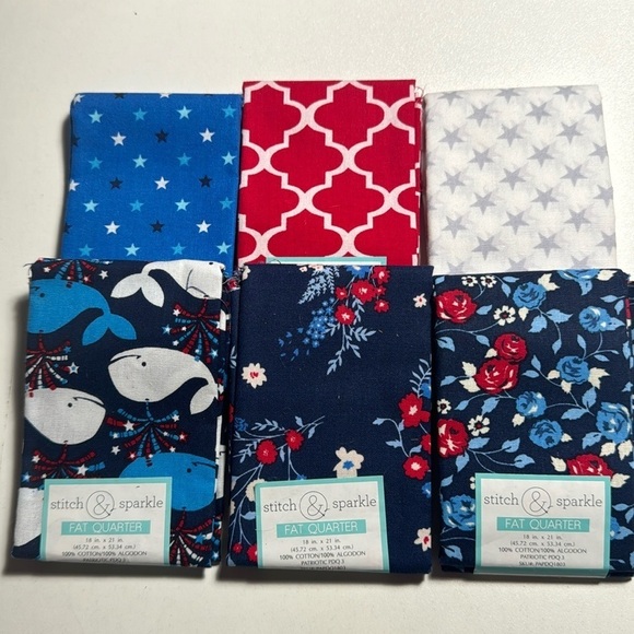 🛒 $9 Cotton Fabric - 6 Fourth of July, red, white, blue Fat Quarters Quilt #2 - Picture 1 of 1